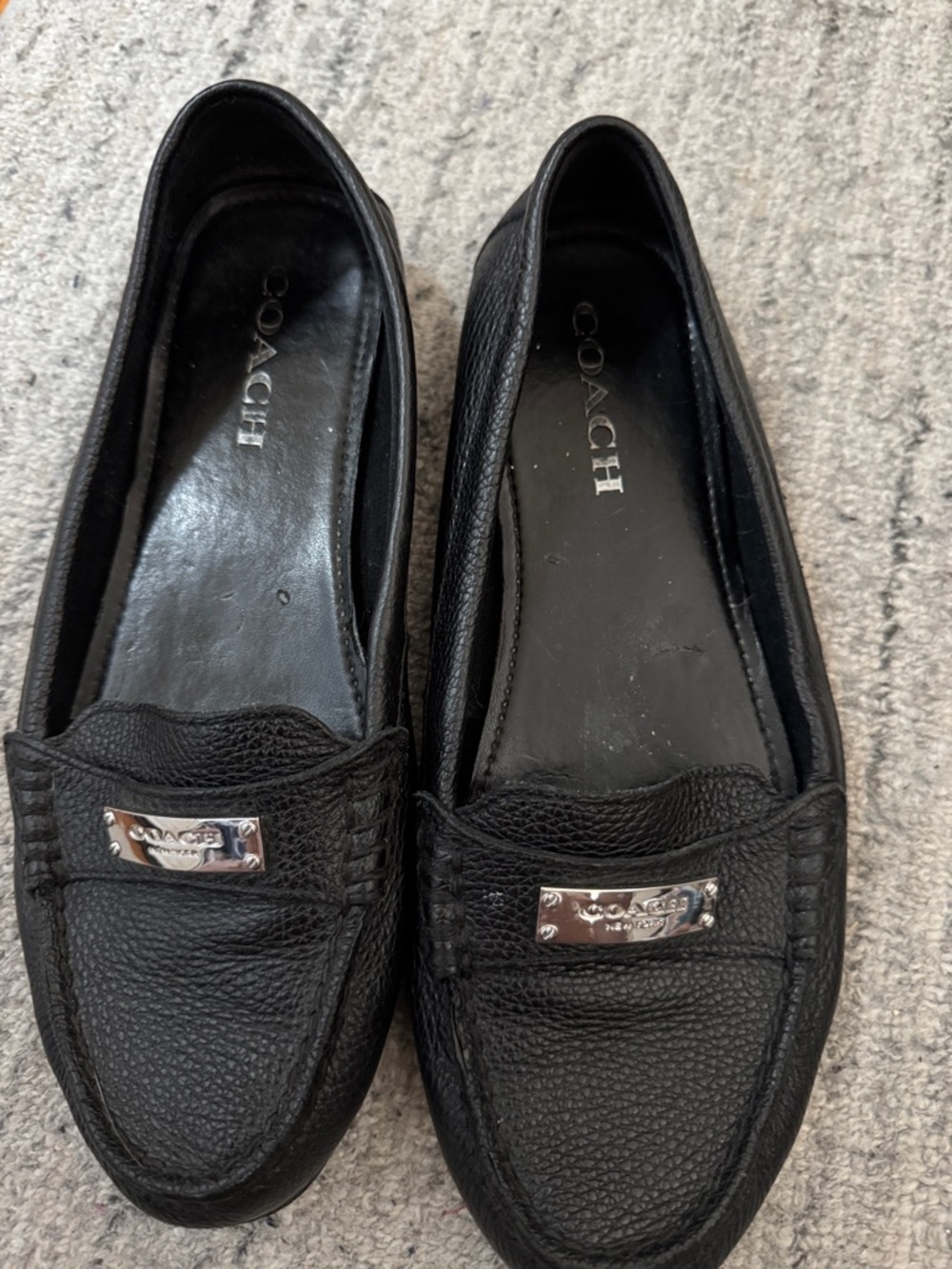 Coach Black Leather Moccasin Loafers with Silver Plaque